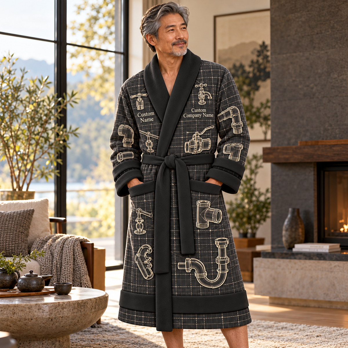 Personalized Plumber Bathrobe - Blueprint Workshop lifestyle view