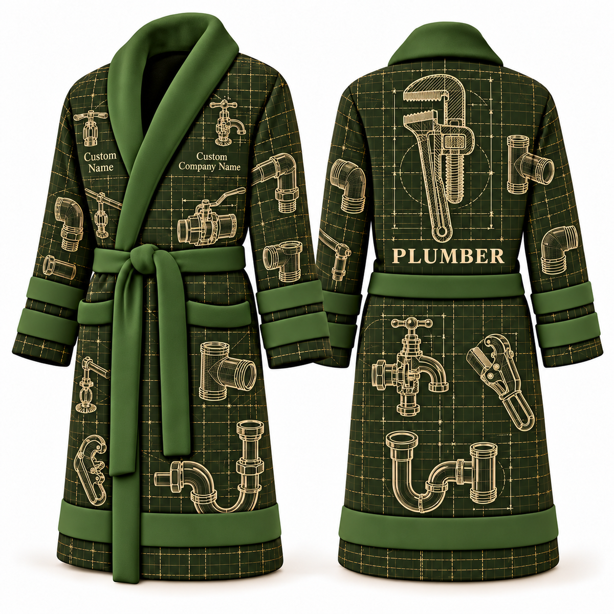 Personalized Plumber Bathrobe - Blueprint Workshop olive front and back view