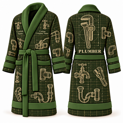 Personalized Plumber Bathrobe - Blueprint Workshop olive front and back view