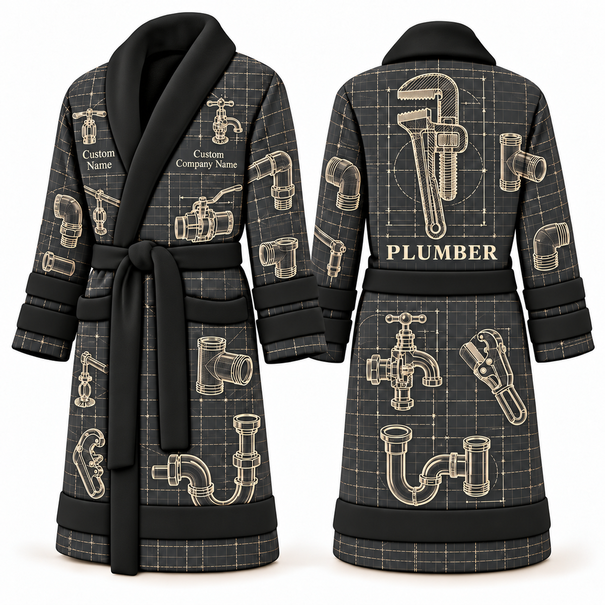 Personalized Plumber Bathrobe - Blueprint Workshop slate front and back view