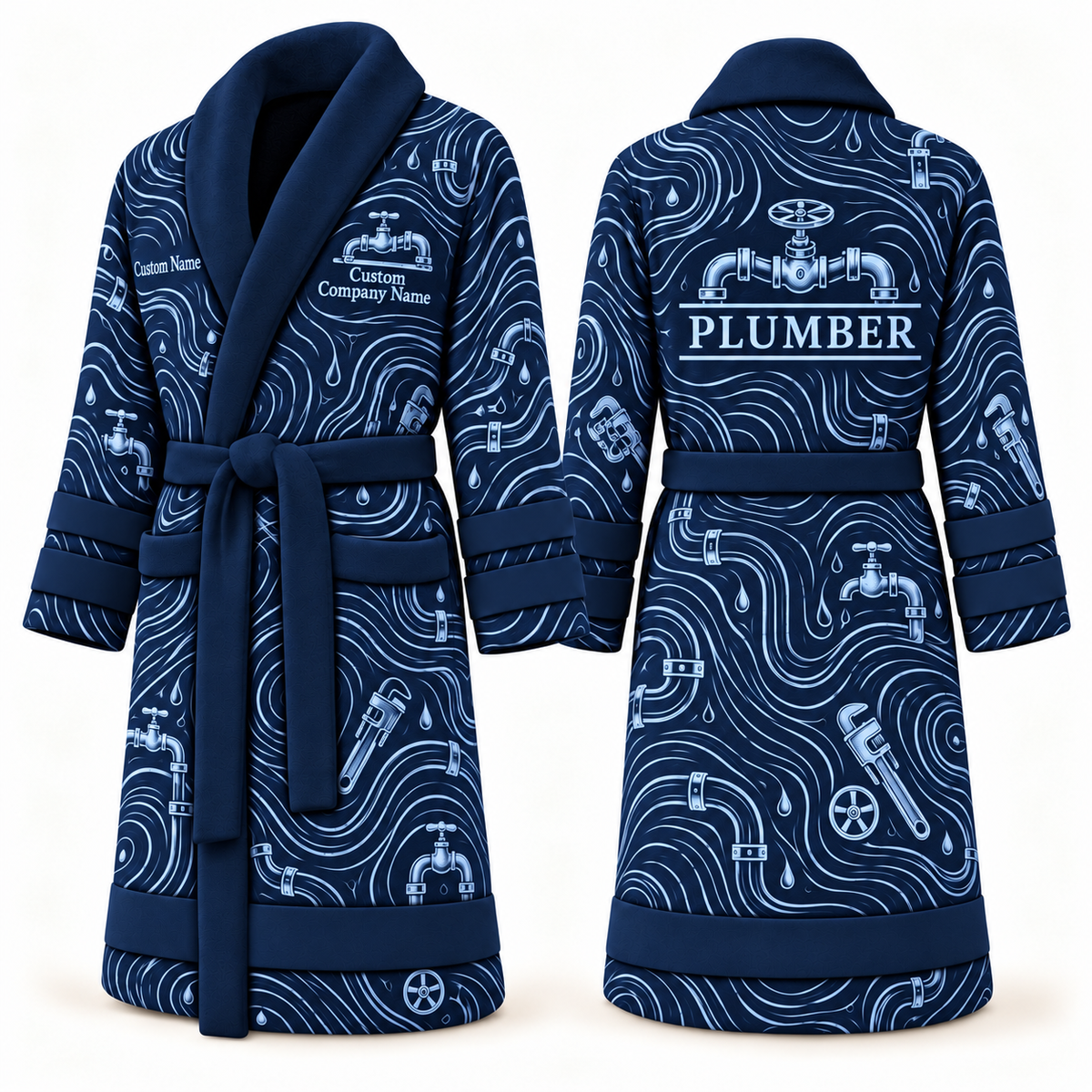 Personalized Plumber Bathrobe - Contour Lines blue front and back view