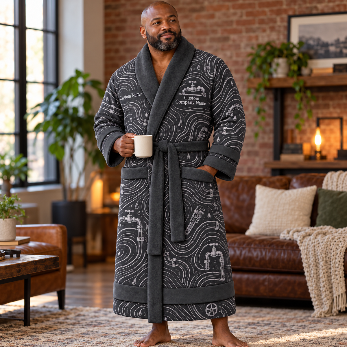 Personalized Plumber Bathrobe - Contour Lines lifestyle view