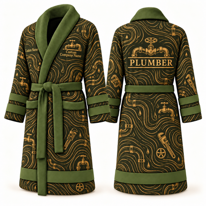 Personalized Plumber Bathrobe - Contour Lines olive front and back view