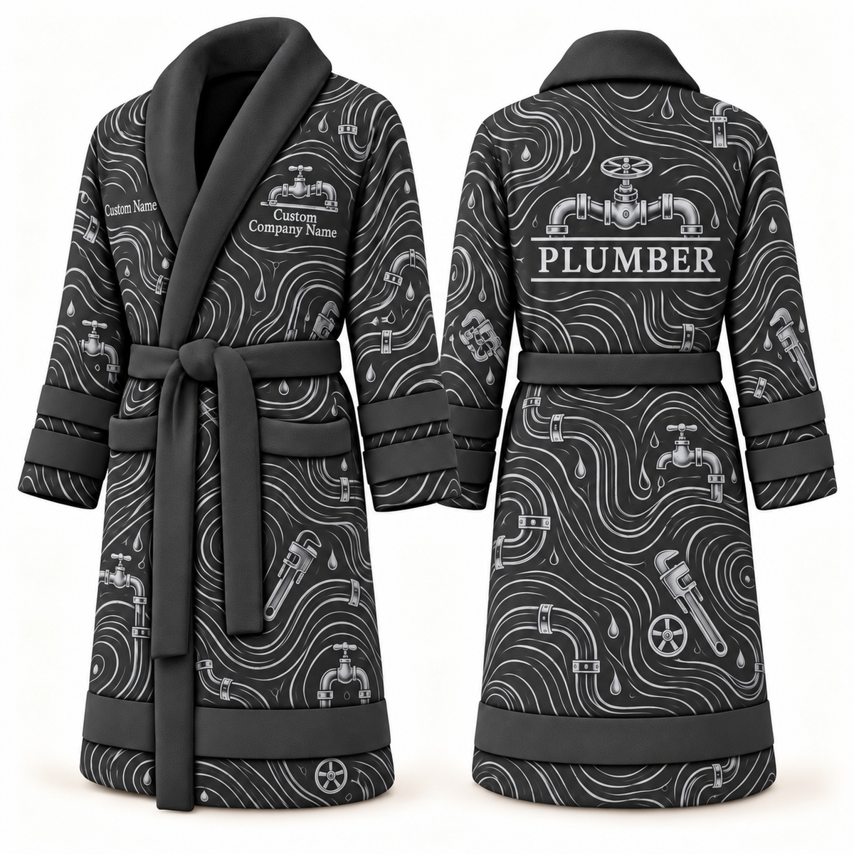 Personalized Plumber Bathrobe - Contour Lines slate front and back view