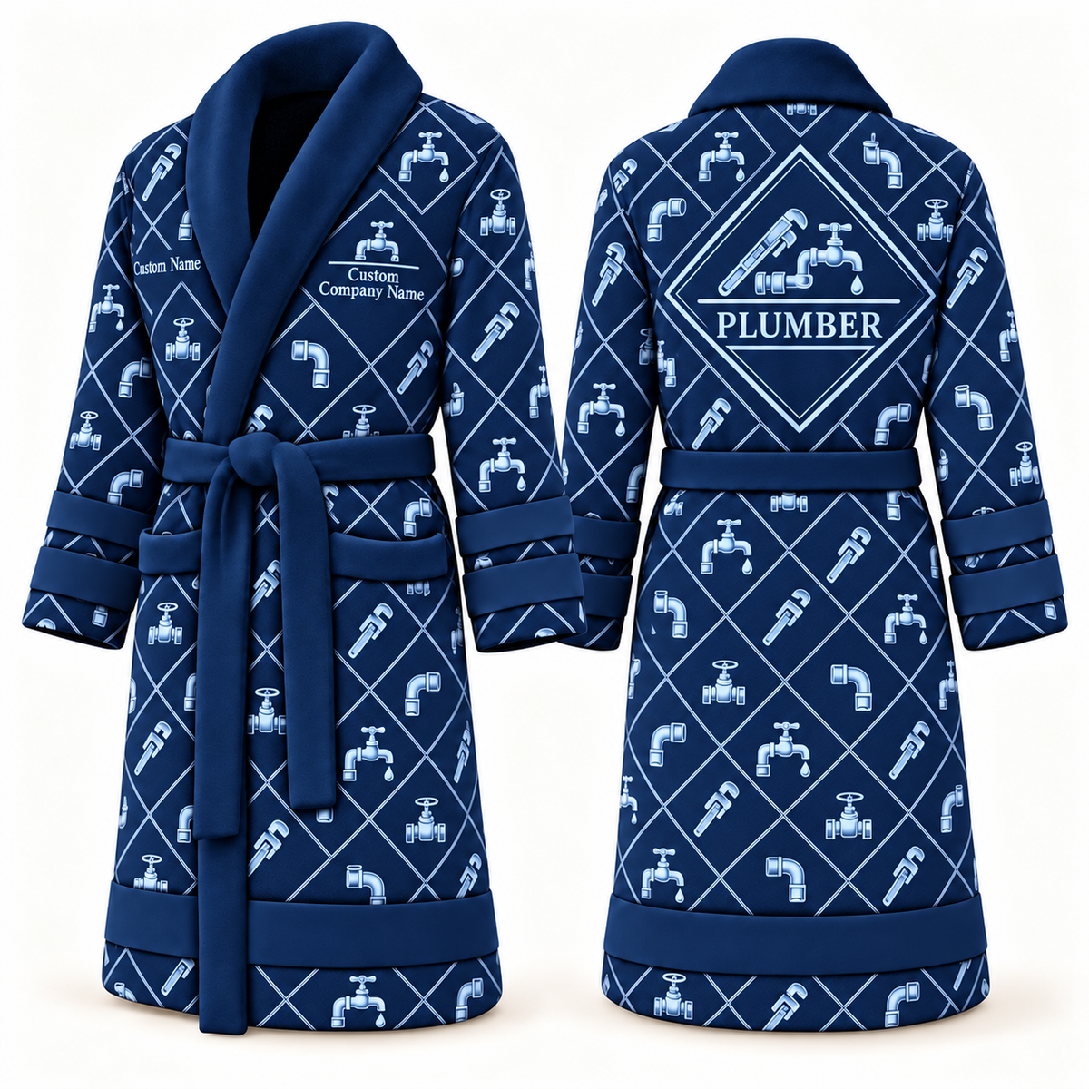 Personalized Plumber Bathrobe - Diamond Emblems blue front and back view