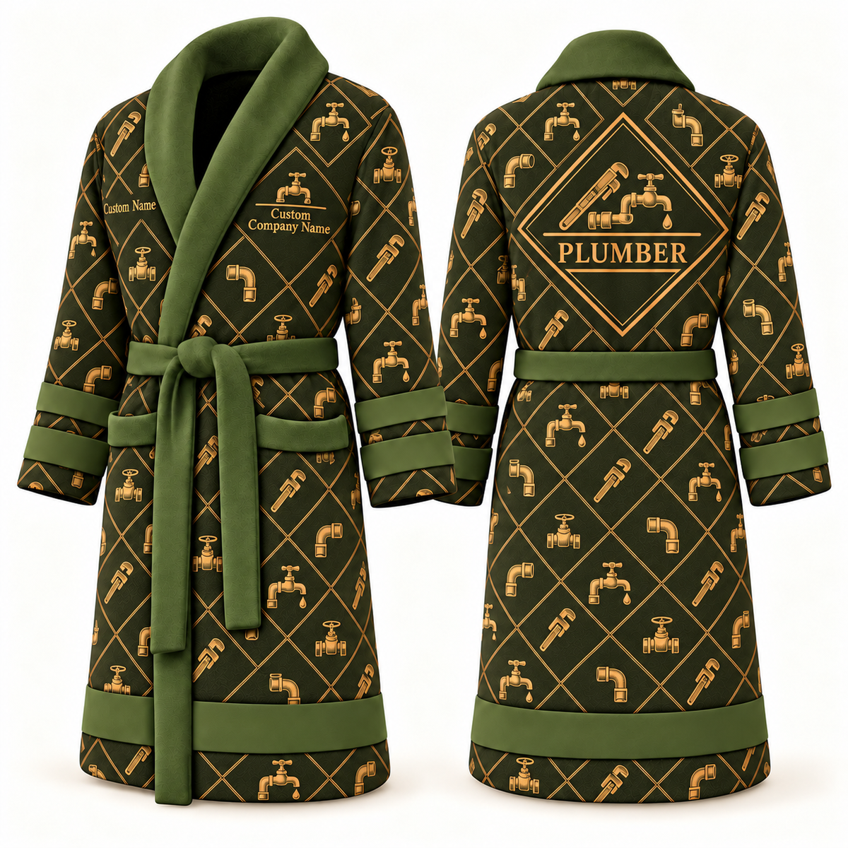 Personalized Plumber Bathrobe - Diamond Emblems olive front and back view