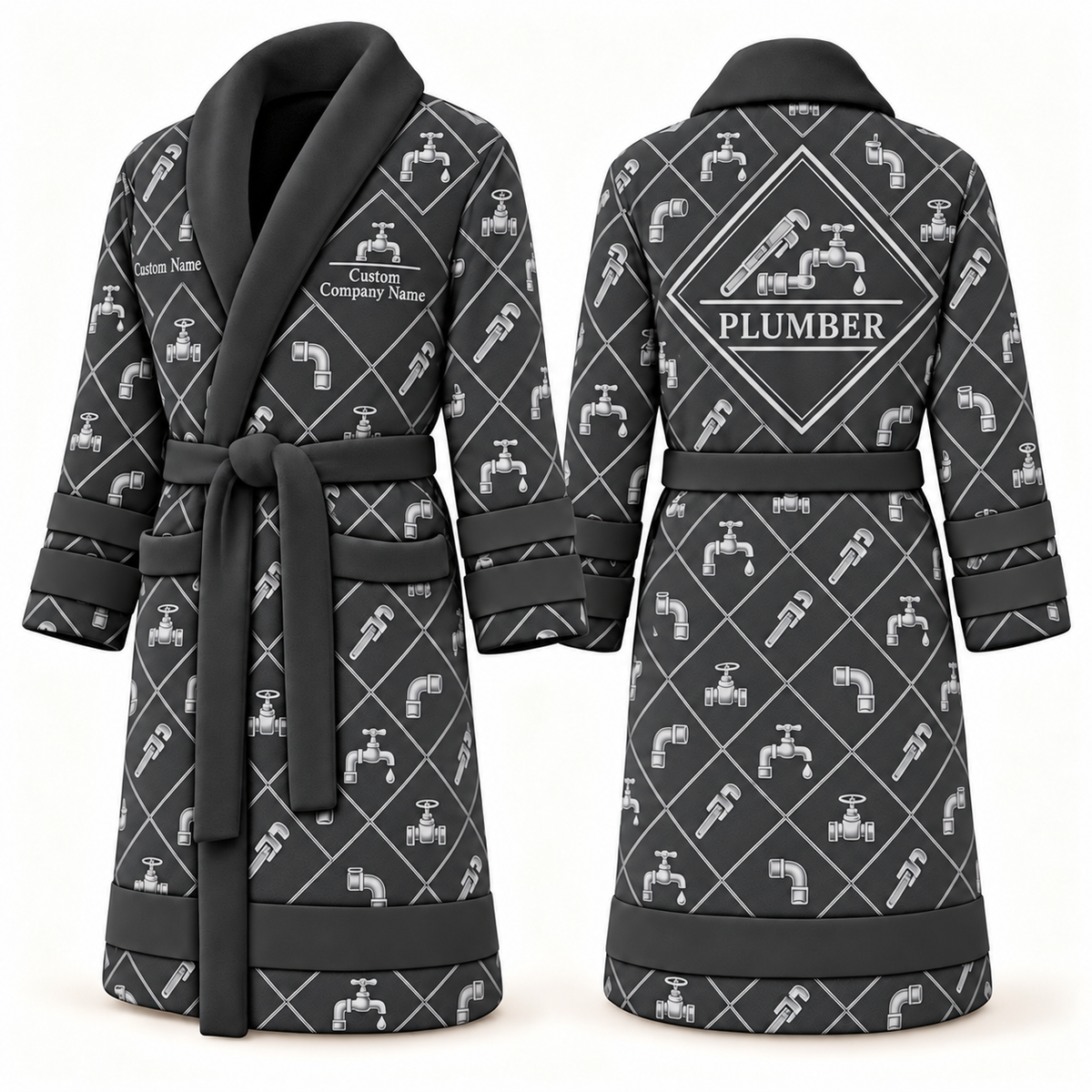 Personalized Plumber Bathrobe - Diamond Emblems slate front and back view
