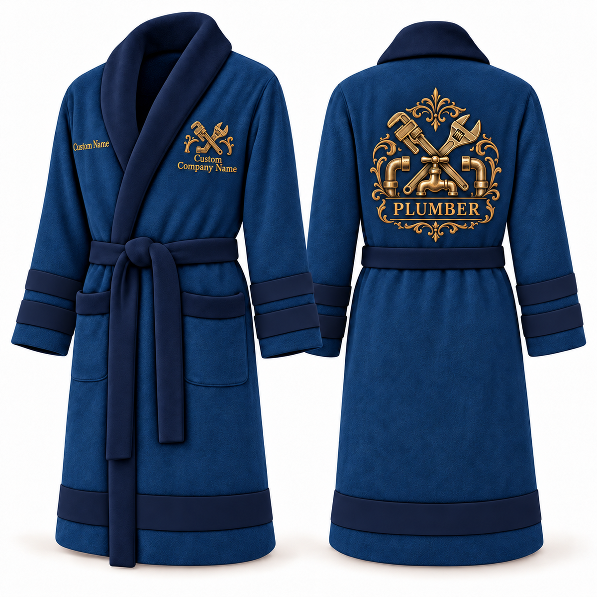 Personalized Plumber Bathrobe - Heritage Crest blue front and back view