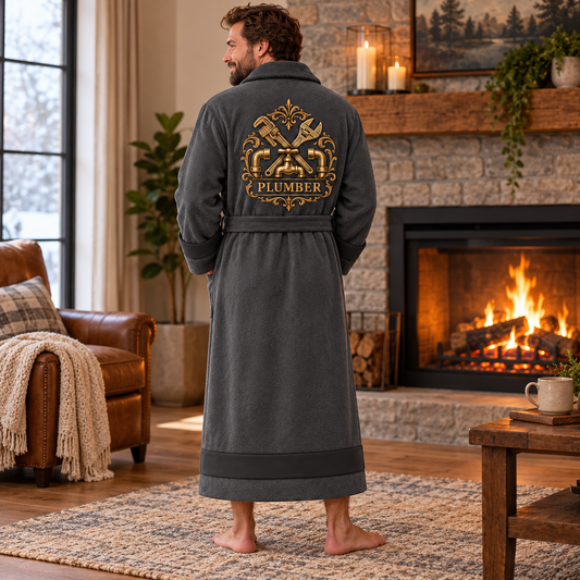 Personalized Plumber Bathrobe - Heritage Crest lifestyle view
