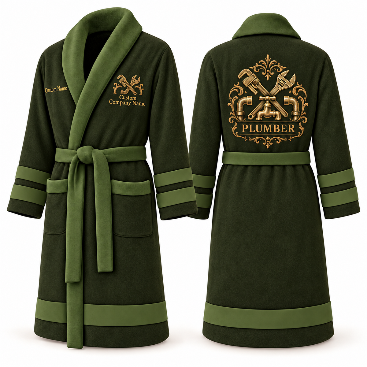 Personalized Plumber Bathrobe - Heritage Crest olive front and back view