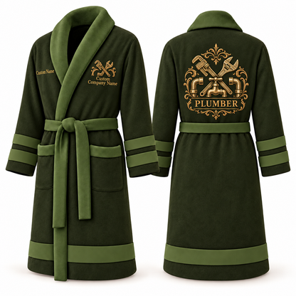 Personalized Plumber Bathrobe - Heritage Crest olive front and back view