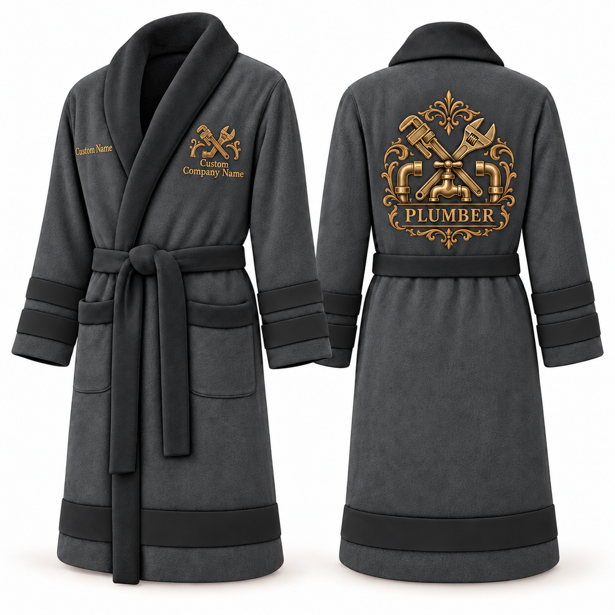 Personalized Plumber Bathrobe - Heritage Crest slate front and back view