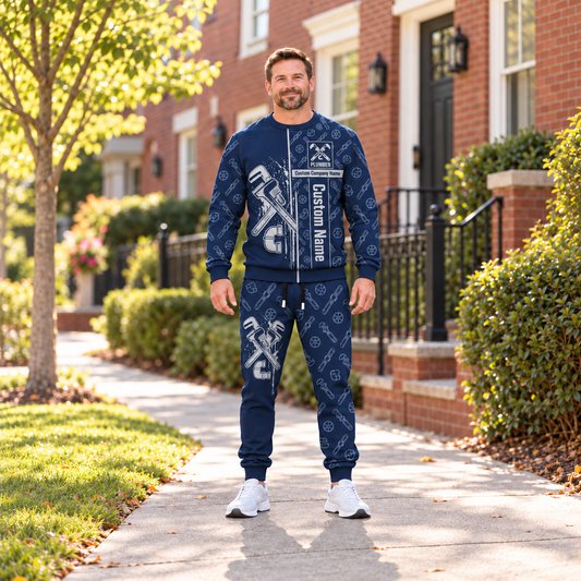 plumber occupation-themed sweater and jogger combo on a model with name and company artwork