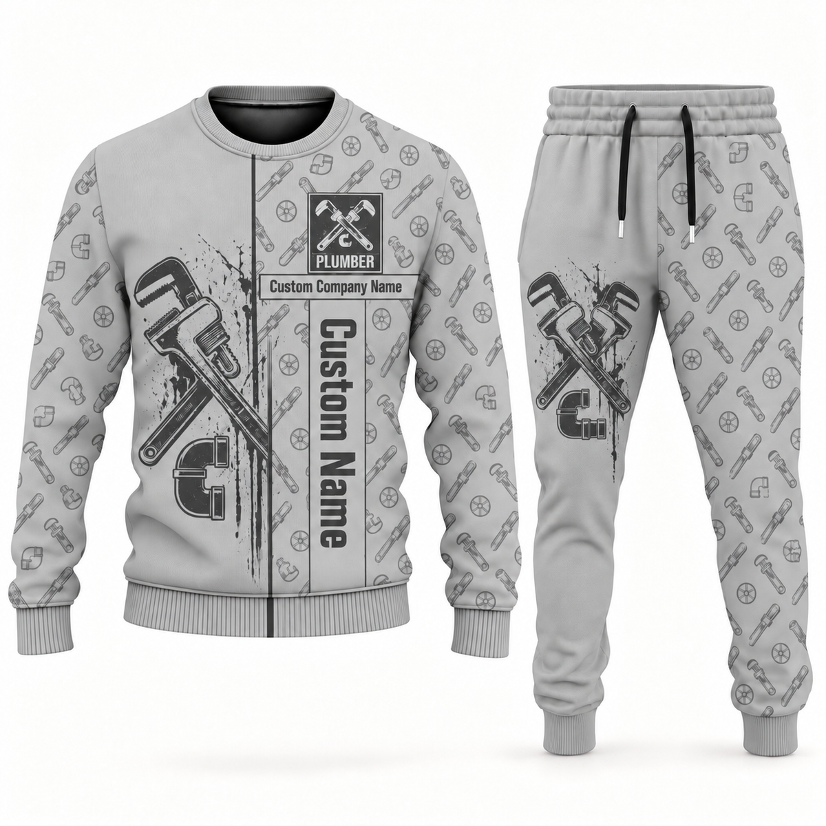 plumber occupation-themed sweater and jogger combo lightgray color with name and company artwork