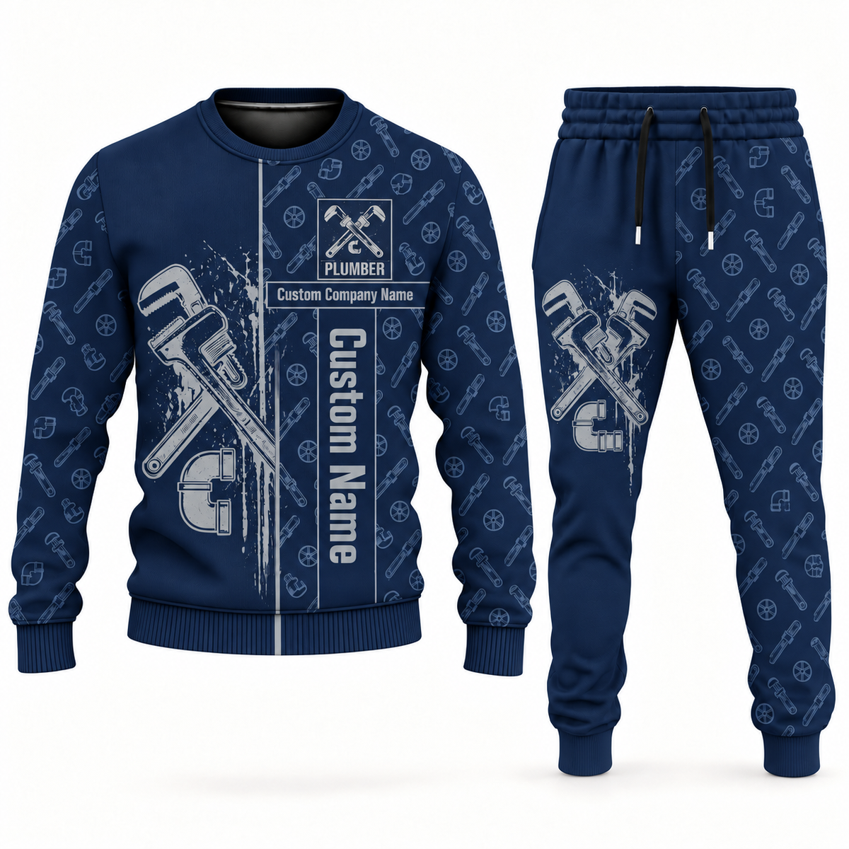 plumber occupation-themed sweater and jogger combo navy color with name and company artwork