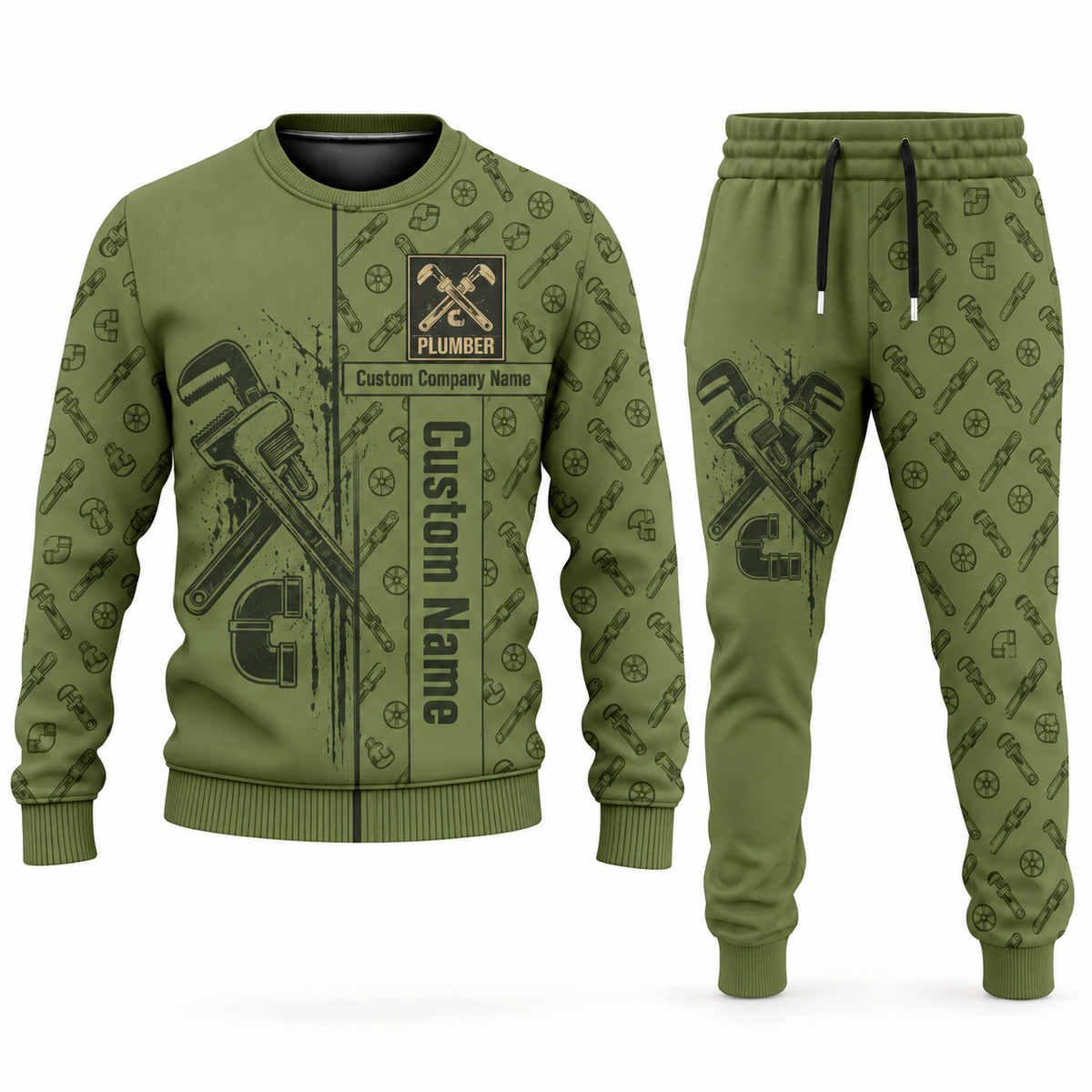 plumber occupation-themed sweater and jogger combo olive color with name and company artwork