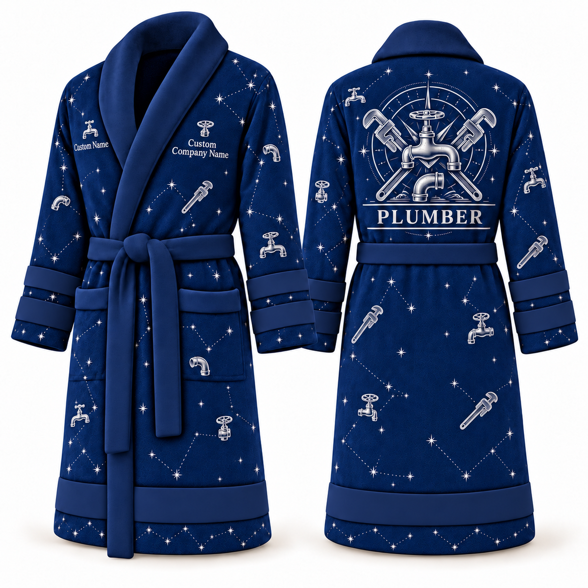 Personalized Plumber Bathrobe - Night Shift blue front and back view