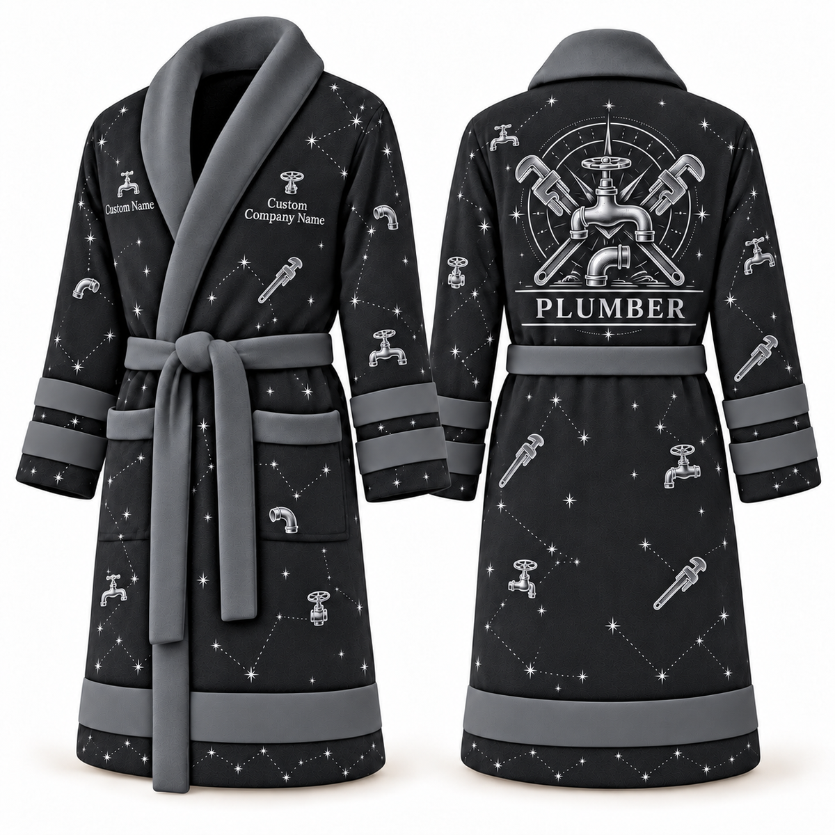 Personalized Plumber Bathrobe - Night Shift slate front and back view