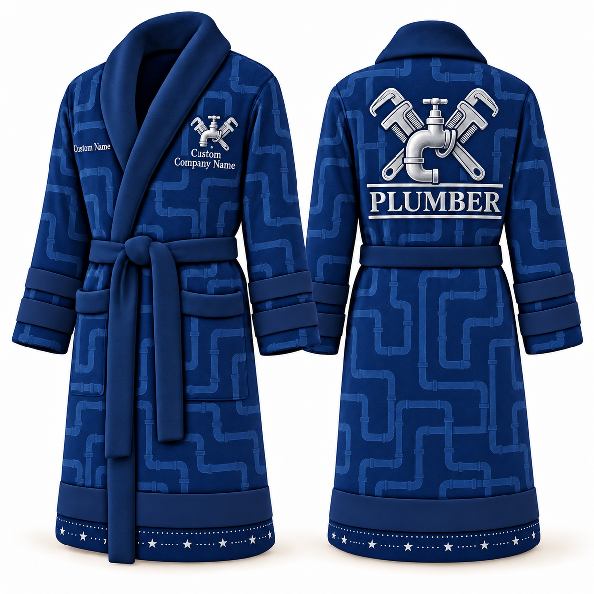 Personalized Plumber Bathrobe - Signature Silhouette blue front and back view