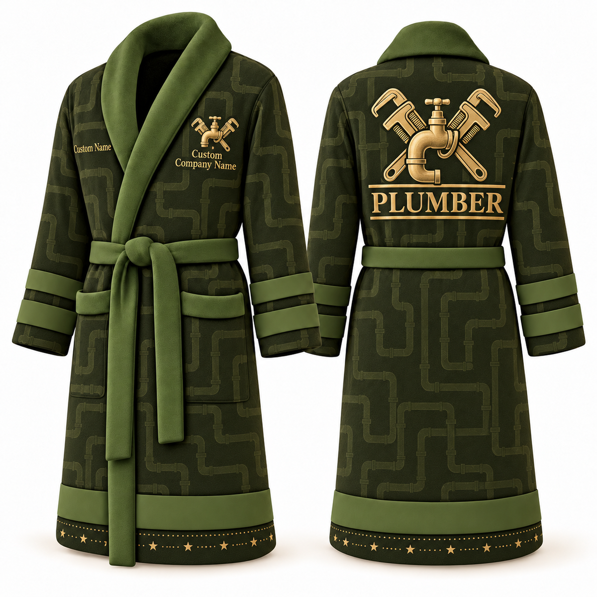 Personalized Plumber Bathrobe - Signature Silhouette olive front and back view