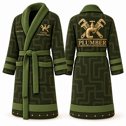 Personalized Plumber Bathrobe - Signature Silhouette olive front and back view