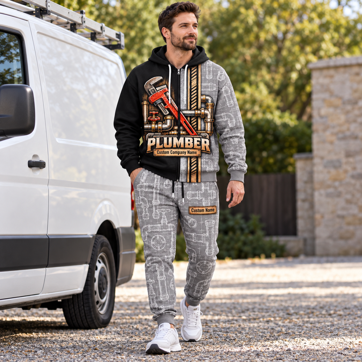 plumber full-zip hoodie and matching joggers - adult male lifestyle