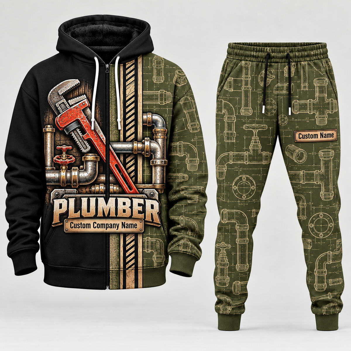 plumber full-zip hoodie and matching joggers - olive catalog view