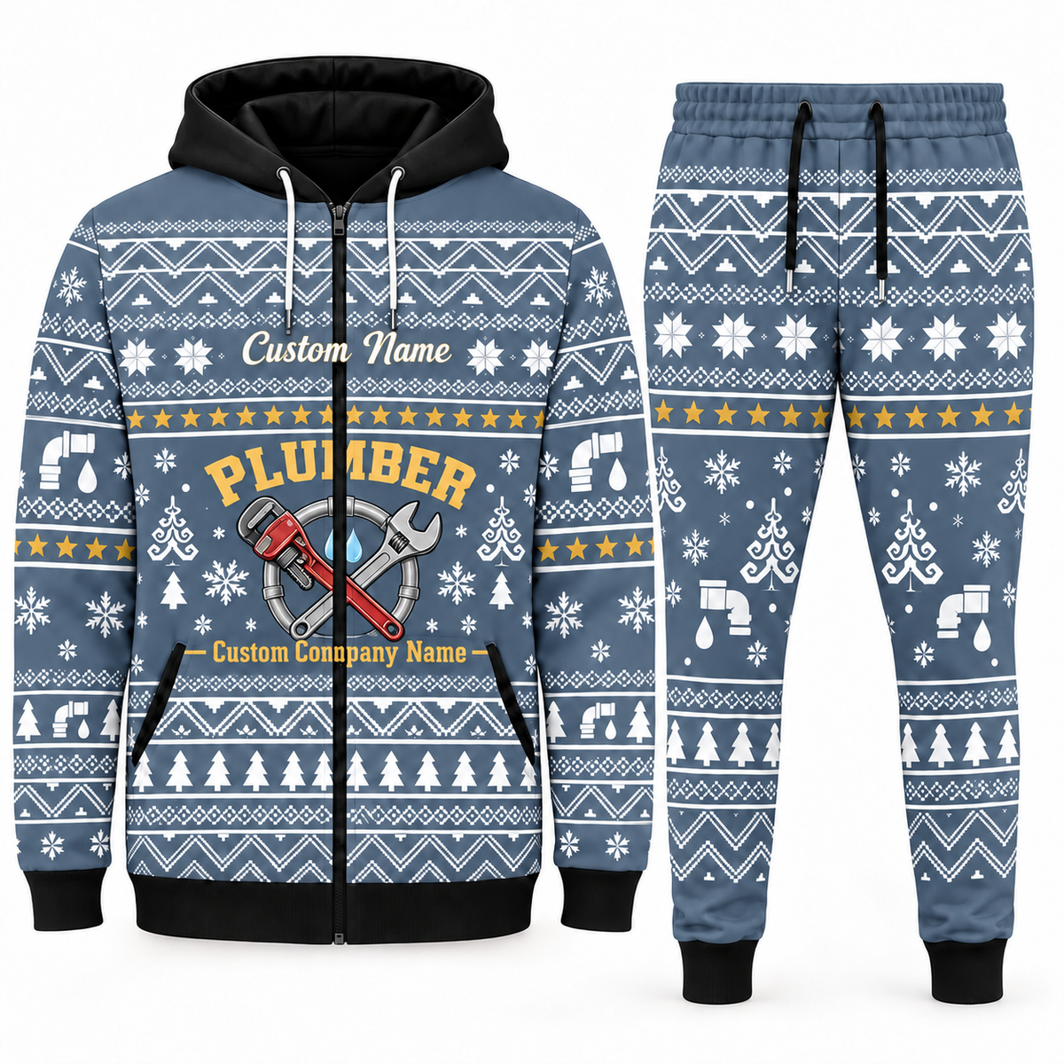 plumber blue-gray Winter Snowflake full-zip hoodie and jogger combo with Custom Name and Custom Company Name