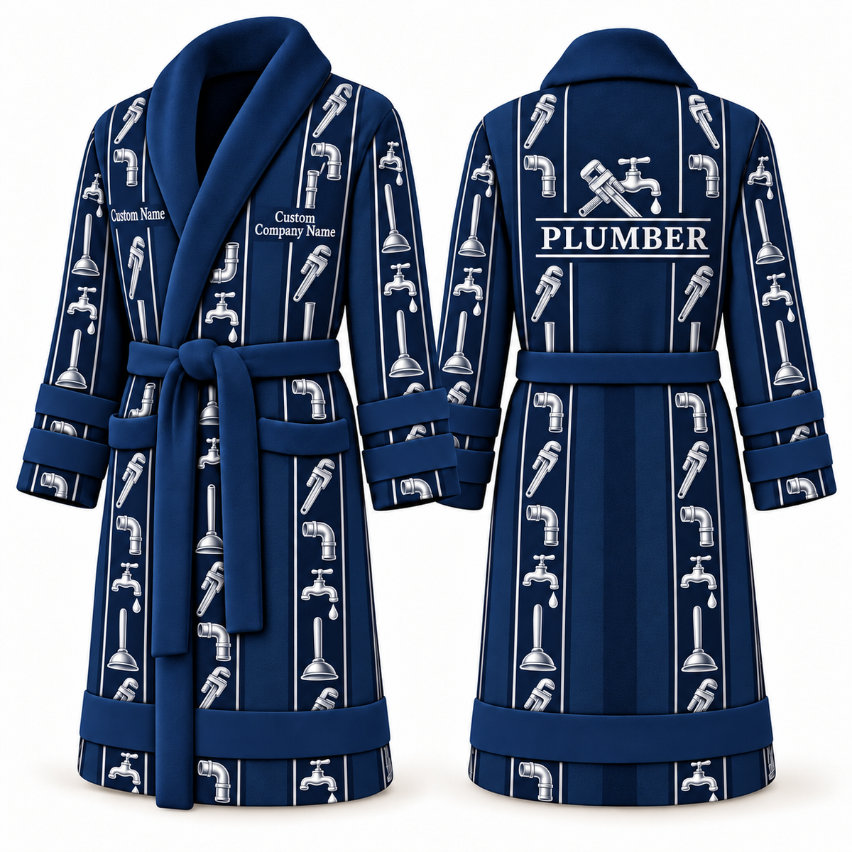 Personalized Plumber Bathrobe - Workbench Stripes blue front and back view