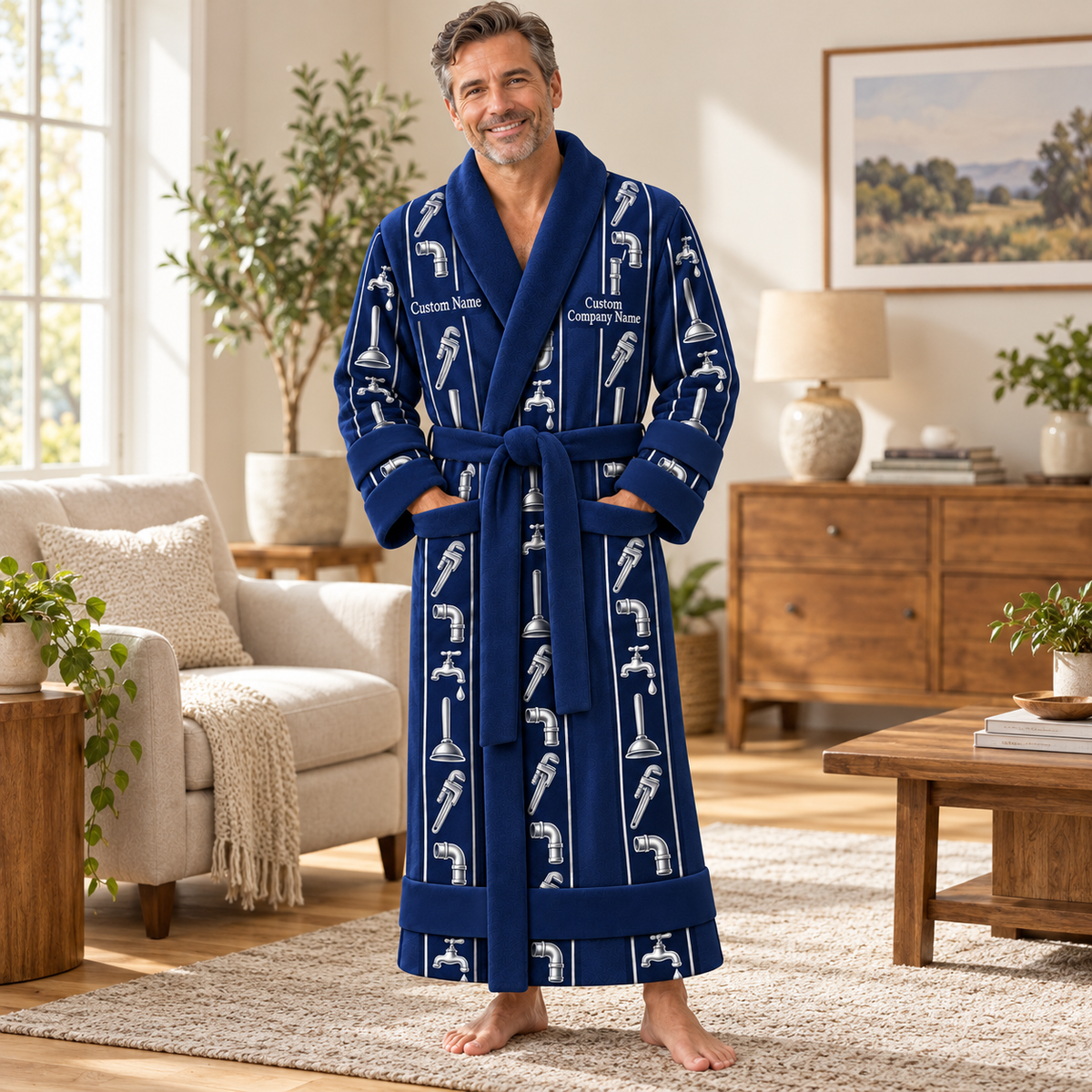 Personalized Plumber Bathrobe - Workbench Stripes lifestyle view