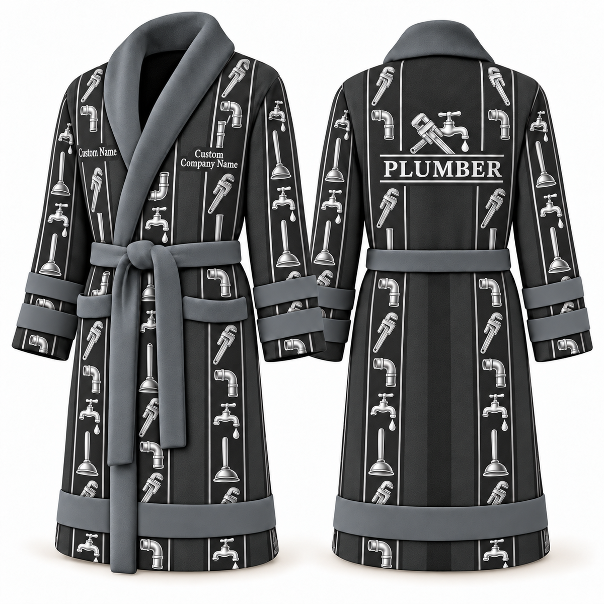 Personalized Plumber Bathrobe - Workbench Stripes slate front and back view