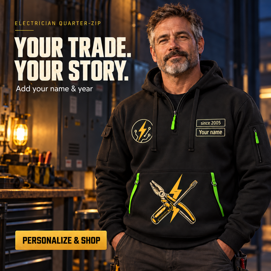 Electrician Wired With Pride Name & Year Quarter-Zip Hoodie in Black, worn by an adult man
