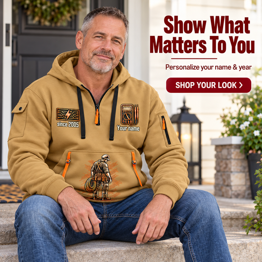 Electrician Circuit Blueprint personalized quarter-zip hoodie in Khaki, worn by an adult man on a porch