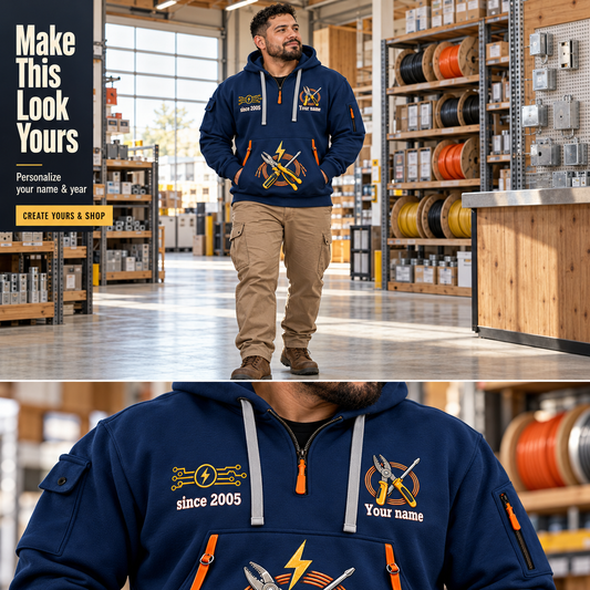 Electrician Powering Everyday Life Name & Year Quarter-Zip Hoodie in Navy, worn by an adult man