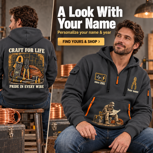 Electrician Craft For Life Name & Year Quarter-Zip Hoodie in Gray, worn by an adult man