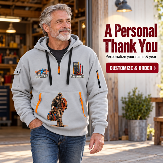 Electrician Earned Every Connection Name & Year Quarter-Zip Hoodie in Light Grey, worn by an adult man
