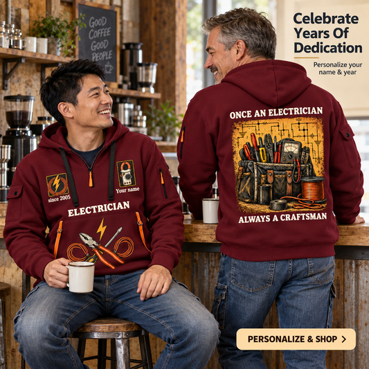 Electrician Trade For Life Name & Year Quarter-Zip Hoodie in Wine Red, worn by an adult man
