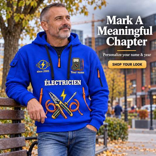 Electrician Fier Du Métier Name & Year Quarter-Zip Hoodie in Blue, worn by an adult man