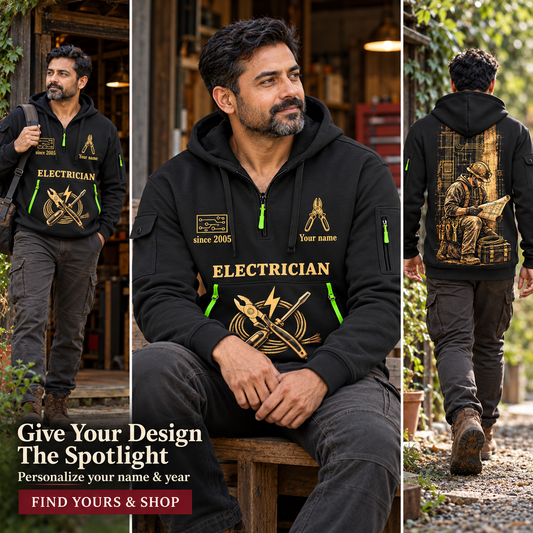 Electrician Copper Craft Name & Year Quarter-Zip Hoodie in Black, worn by an adult man