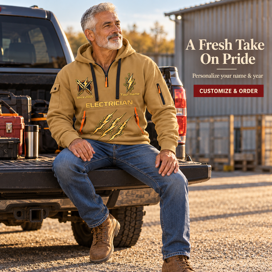 Electrician Current Of Craft Name & Year Quarter-Zip Hoodie in Khaki, worn by an adult man