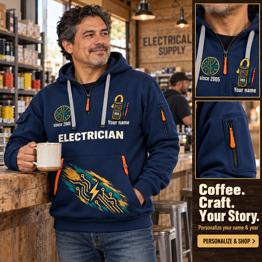 Electrician Skills Stay With You Name & Year Quarter-Zip Hoodie in Navy, worn by an adult man