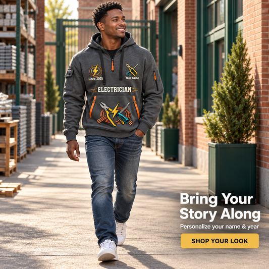 Electrician Pride In The Trade Name & Year Quarter-Zip Hoodie in Gray, worn by an adult man