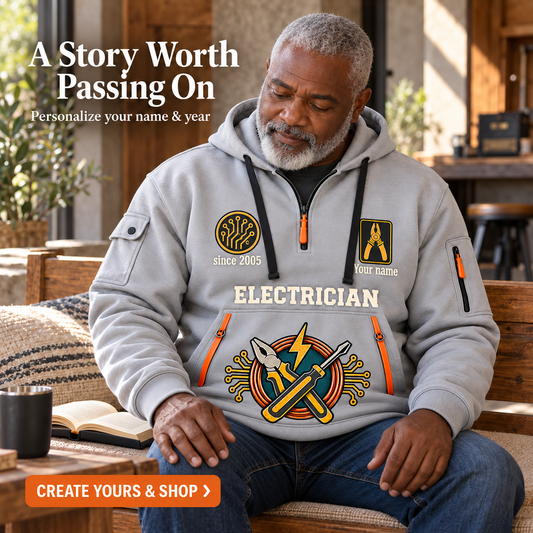 Electrician Every Connection Counts Name & Year Quarter-Zip Hoodie in Light Grey, worn by an adult man