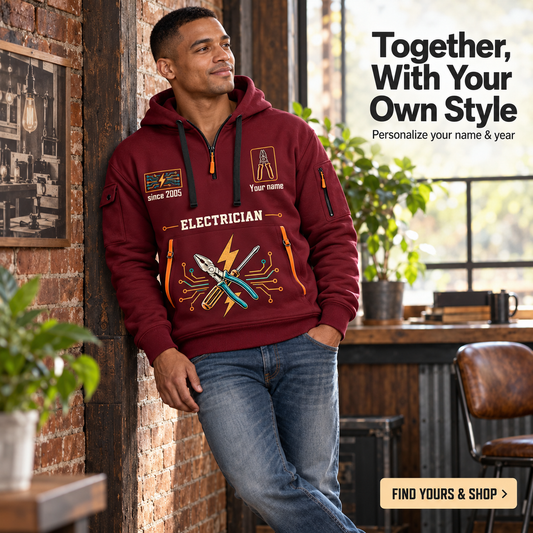 Electrician Built For The Everyday Name & Year Quarter-Zip Hoodie in Wine Red, worn by an adult man