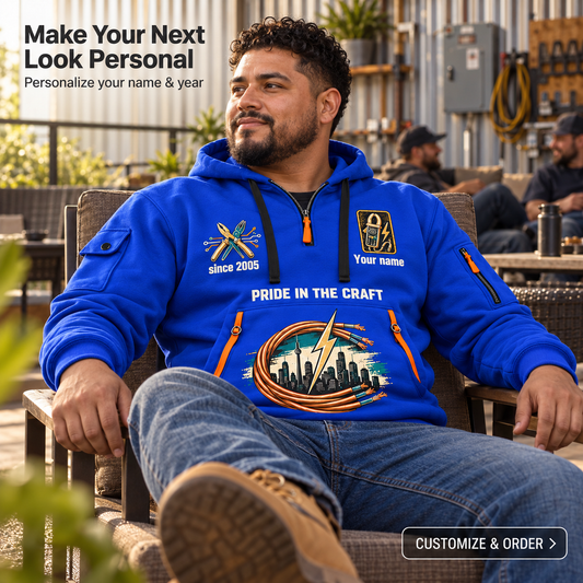 Electrician Hands That Power Name & Year Quarter-Zip Hoodie in Blue, worn by an adult man