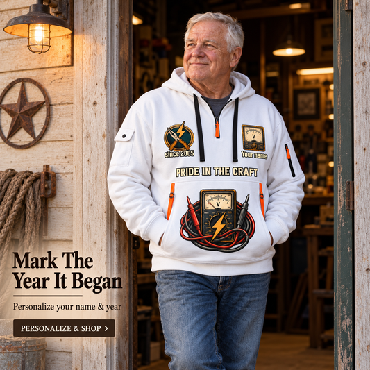 Electrician Old School Name & Year Quarter-Zip Hoodie in White, worn by an adult man