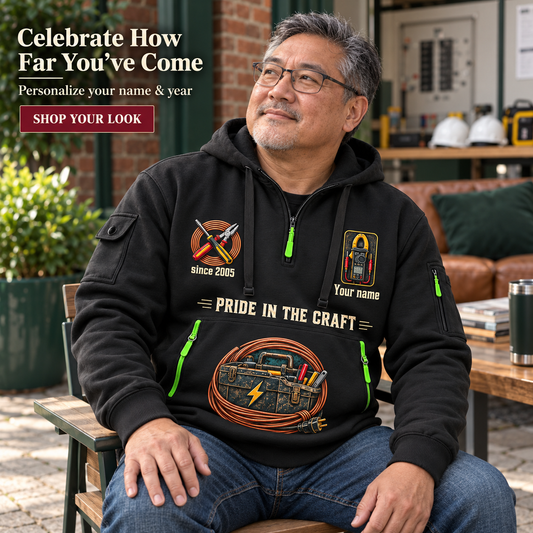Electrician Experience Keeps Working Name & Year Quarter-Zip Hoodie in Black, worn by an adult man