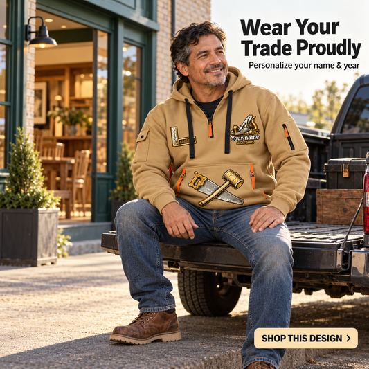 Personalized Carpenter Built by Hand Quarter-Zip Hoodie in Khaki, worn by an adult man
