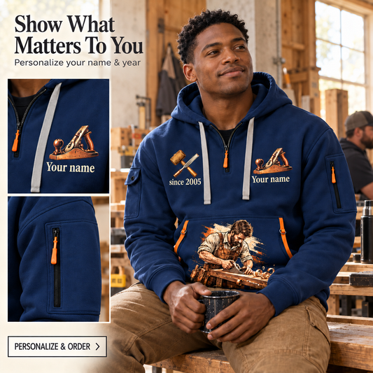 Personalized Carpenter Timber Tools Quarter-Zip Hoodie in Navy, worn by an adult man
