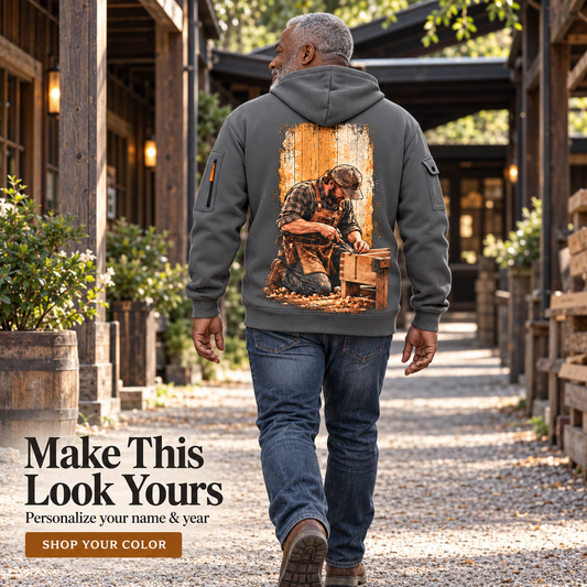 Personalized Carpenter Dovetail Craft Quarter-Zip Hoodie in Gray, worn by an adult man